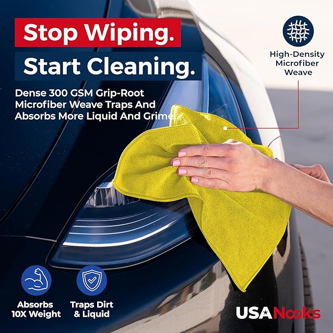 USANOOKS Microfiber Cleaning Cloth Yellow - 8 Pcs 12.5"x12.5" - High Performance - 1200 Washes, Ultra Absorbent Towels Weave Grime & Liquid for Streak-Free Mirror Shine - Car Washing Cloth