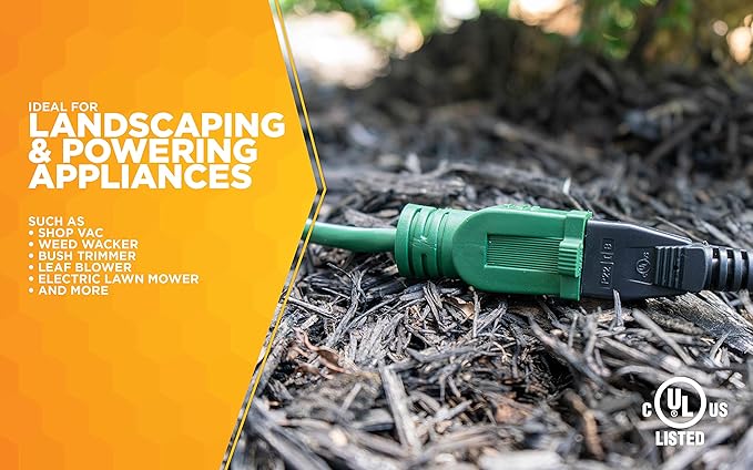 Woods Yard Master Extension Cord - Flexible Power for Patio & Landscape Use - Light Duty - SJTW Extension - 16 Gauge - 3 Prong - Green - 80 Foot