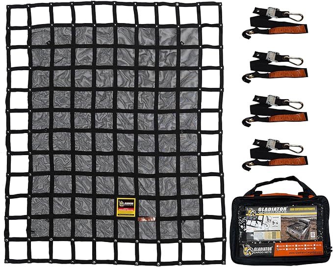 GLADIATOR CARGO NETS - Heavy Duty Cargo Net - Truck Accessory - Cargo Carrier -Truck Organizer - Medium-Trailer-Pickup-Boat-Jeep-SUV-Camping-(WLL): 1,500 lbs (MGN-100) 6.75' x 8' ft.