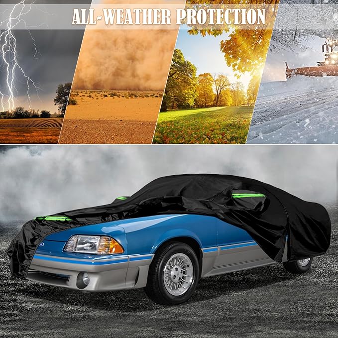 Waterproof Car Covers Replace for 1979-1993 Ford Mustang, 6 Layers All Weather Car Cover with Zipper Door & Windproof Bands for Snow Rain Dust Hail Protection