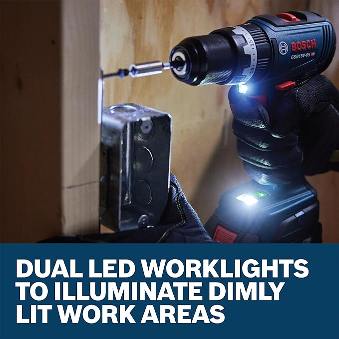 BOSCH GSB18V-65B12 1/2 In. Brushless Hammer Drill/Driver Kit - 575 In.-Lbs. Max Torque, Switchable KickBack Control, Rapid Mode Selector, Dual LED Worklights, Battery and Charger Kit Included