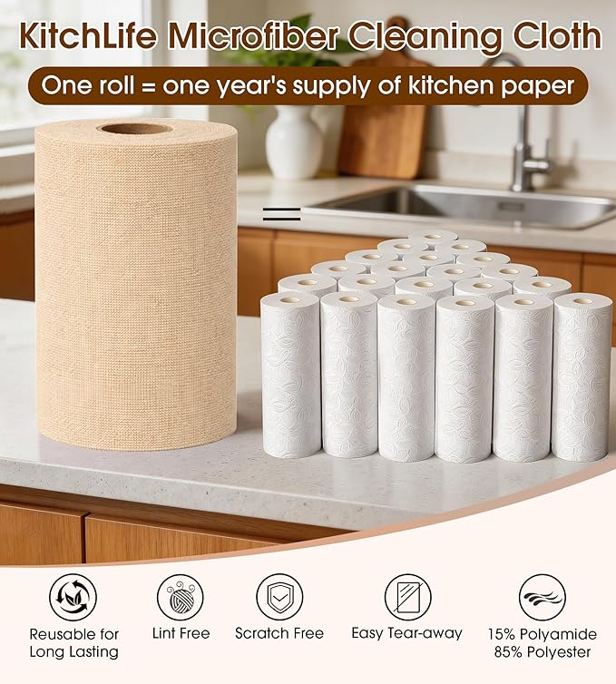 KitchLife Microfiber Cleaning Cloth Roll, 100 Pack - Tear-Away Microfiber Paper Towels, Lint-Free, Reusable, Washable for Kitchen, Car, Dishes, and Sensitive Surfaces (Wheat)