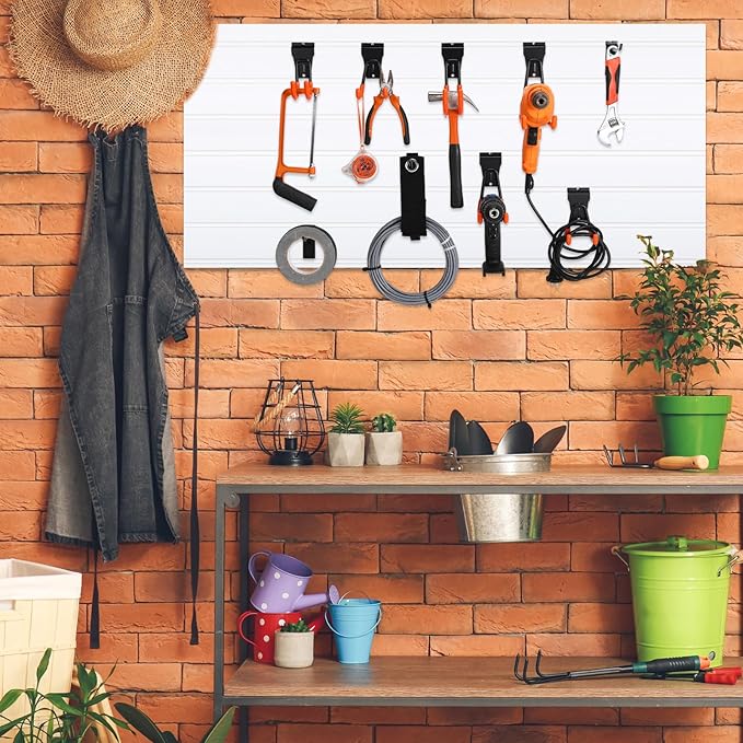 Landhoow 36 Pcs Slatwall Hooks & Hangers 32 Pcs Heavy Duty Slat Wall Hanging Hooks with 4 Pcs Storage Straps Assortment Slatwall Accessories for Storage Garage Wall Organization Garden Home(Orange)