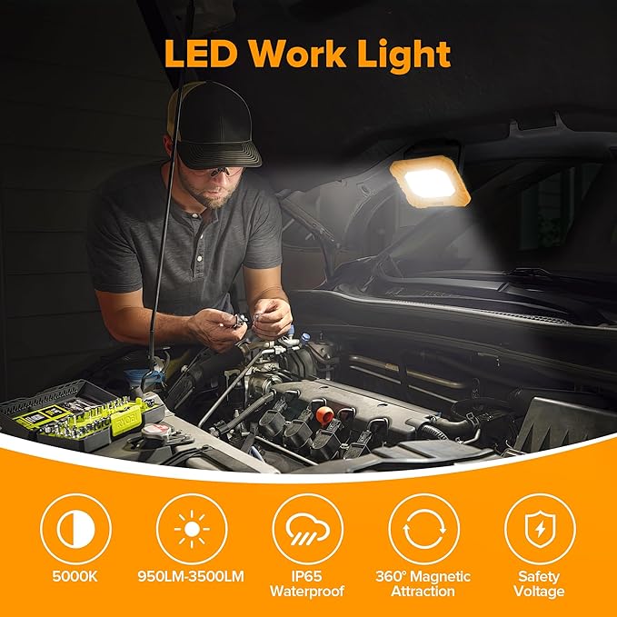 LUTEC 2 Pack 3500LM LED Work Light, Rechargeable Magnetic Work Lights with Stand, Portable 5000K Flood Light for Car Repair, Fishing, Camping, Emergency, Hiking, 3 Modes