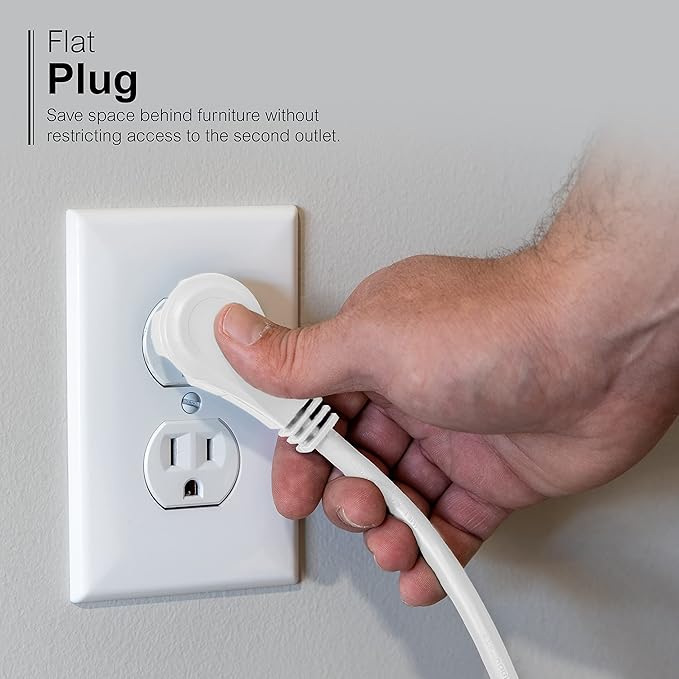 GE 3-Outlet Flat Extension Cord 25 Ft Grounded Extension Cord with Multiple Outlets 3 Prong Outlet Extender Flat Plug Indoor Power Strip 16 Gauge UL Listed White 69920