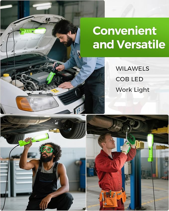 18W LED Work Light, 25FT 2000LM COB LED Light, Handheld Underhood Trouble Light with Cord 16 Gauge SJTW, Swivel Hook, for Garage, Workshop, Car Repair Scene, ETL Listed, Green J04WL06
