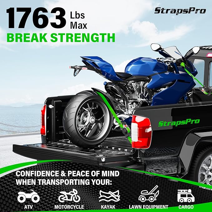 Retractable Ratchet Straps, 1763lb Break Strength Green Self Retracting Ratchet Straps Heavy Duty with Soft Loops, 1'' x 10FT Auto Tie Down Straps Easy Retract for Motorcycle, Truck, Cargo, 2 Pack