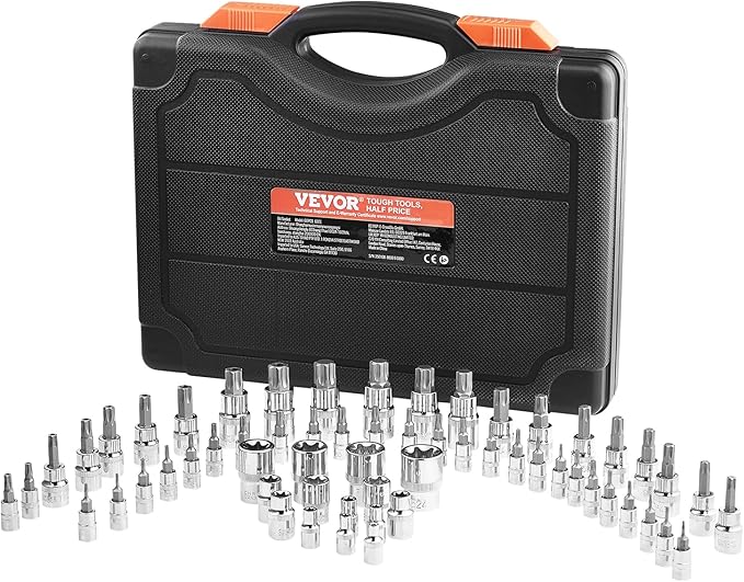 VEVOR Torx Bit Socket and External Torx Socket Set, 60-Piece T6-T70, TT6-TT70, TP8-TP60, E4-E24, S2 Alloy Steel and Cr-V Steel, 1/4 in, 3/8 in, and 1/2 in Drives, with Enhanced Storage Case, Hand Use