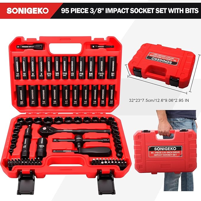 Socket Set 3/8" Drive Impact 95-Piece 6 Point Deep, Standard SAE and Metric CR-V Steel Sockets with Drive Ratchet Handle and Security Bits (3/8" 95 PCS Socket Set,Metric and SAE)