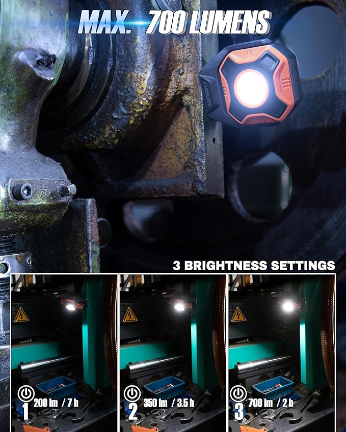Work Light, 700 Lumen Rechargeable Magnetic Light with 3 Modes & 360° Pivoting Head for Mechanics & Outdoor Use (Orange)