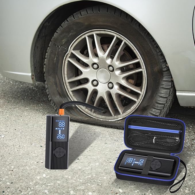 Tire Inflator Case for Hafuloky/ for LOLSSA/ for EMSON for Bullseye Pocket Air Compressor, Portable Cordless Car Tire Pump Travel Storage Bag with Mesh Pocket for Pressure Gauge Accessories(Box Only)