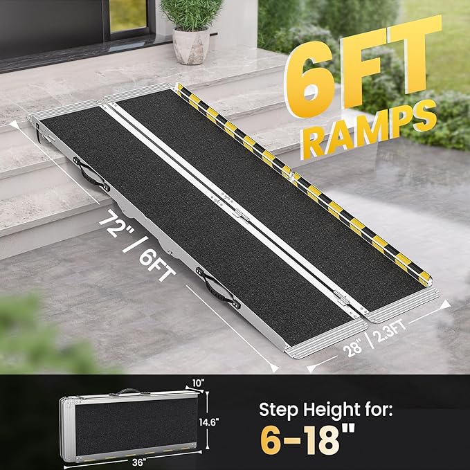 6 Feet Portable Wheelchair Ramp, 600 LBS Capacity Folding Aluminum Threshold Ramp with Anti-Slip Surface, Mobility Access Handicap Ramp for Home Steps, Doorway, Stairs, Doorways, Scooter