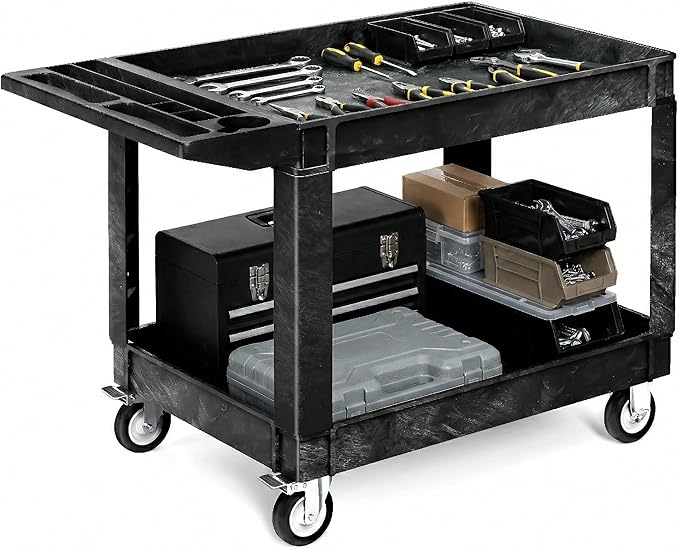 YITAHOME 2 Tier Heavy Duty Plastic Utility Cart 45 x 25 Inch, Rolling Work Cart w/Deep Shelves & 360° Swivel Wheels(2 Brake), Plastic Tool Cart Suitable for Warehouse, Garage, Office, Cleaning, Black