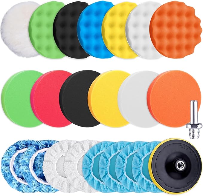 SIQUK 23 Pieces 6 Inch Buffing Pads Car Polisher Bonnets Foam Polishing Pad Kit Wax Buffer Polish Pads Car Buffer Attachment for Drill