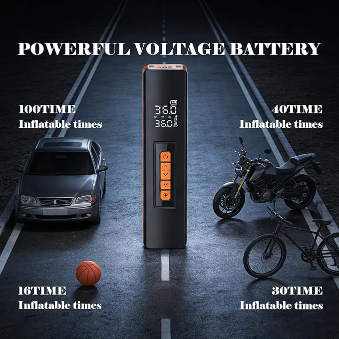 Tire Inflator Portable Air Compressor, 5X Faster 150 PSI Portable Tire Inflator for Car, Built-in Magnetic Storage, Auto Shut-Off Cordless Air Pump, LED Light for Cars, Motor, Bikes (Orange and black)