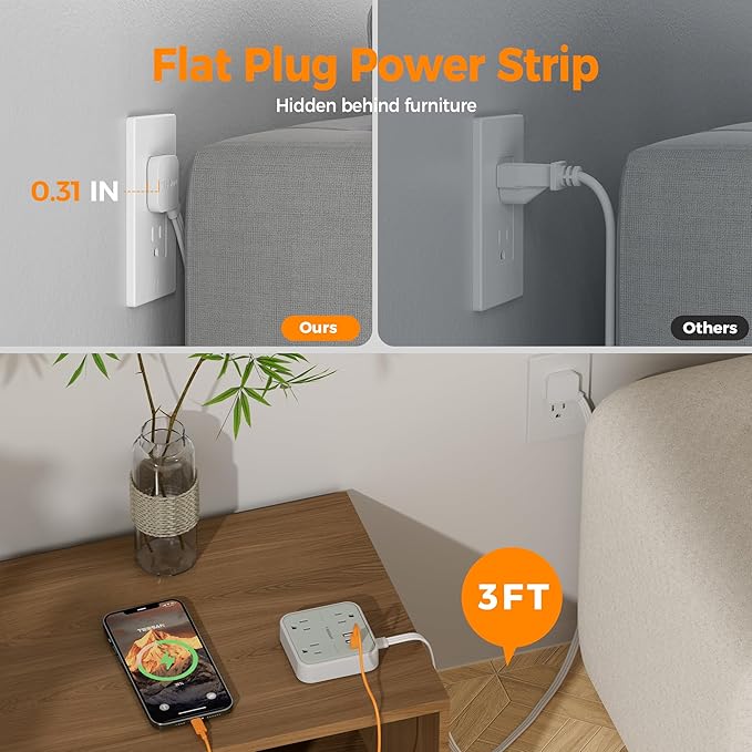 TESSAN Ultra Thin Flat Extension Cord 3 FT, Slim Power Strip with USB Ports (1 USB C), Surge Protector Flat Plug Wall Charger with 3 Outlets for Office, School, Dorm Room Essentials, Grey
