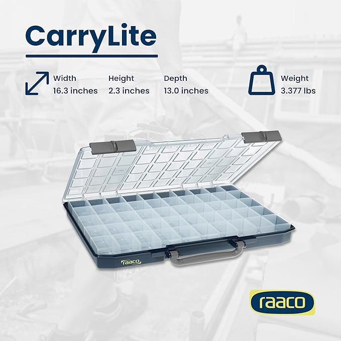 Raaco CarryLite Slim Small Parts Organizer Box – 2.3 Inch Height – 50 Inserts – Anti-Mix U-Profile Lid for Screws, Bolts & Nuts – Secure Sliding Lock – Portable Hardware & Tool Storage (CarryLite 55)