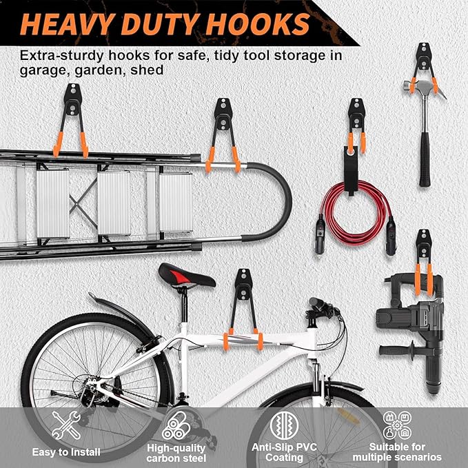 EZ COZY 16 Pack Garage Hooks Heavy Duty – Wall Mount Utility Hooks for Hanging, Garage Organization, Tool Hangers for Garage Wall, Ladder Holders, Assorted Sizes with Mounting Screws (Orange)