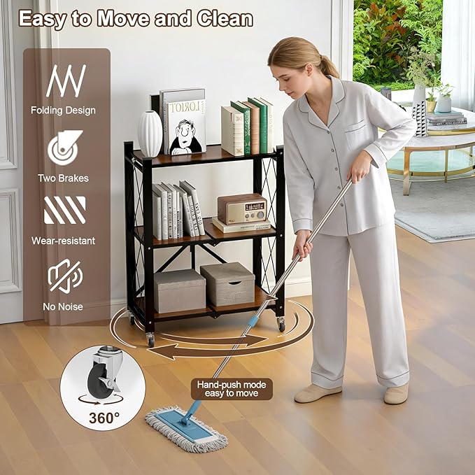 3 Tier Folding Shelf with Wheels, Wood and Metal Bookshelf, no Assembly Foldable Storage Shelves, Vintage Storage Rack for Living Room, Bedroom, and Home Office