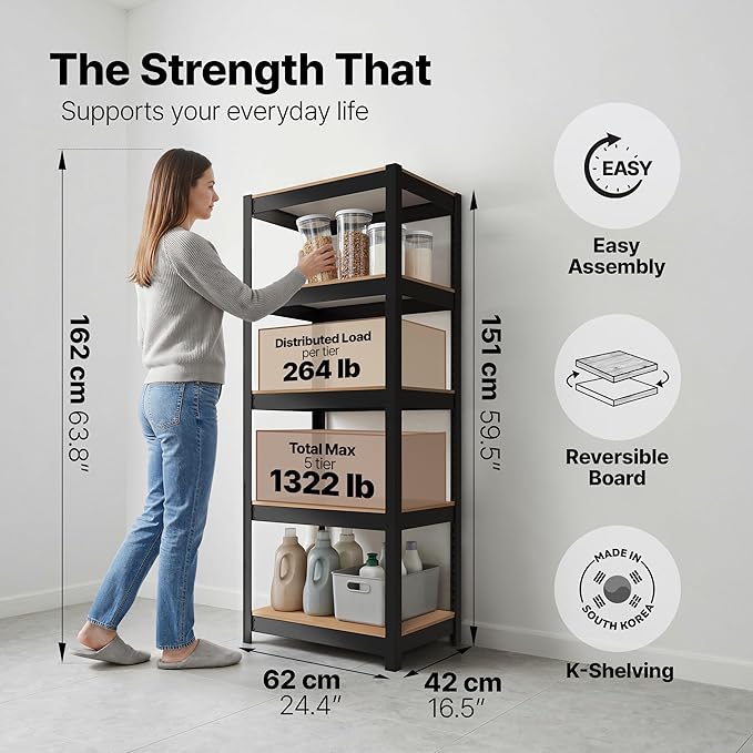 HOMEDANT House 24.4" W 5 Tier Heavy Duty Garage Shelving Adjustable Metal Rack Storage Shelves Standing Shelf Unit Organizers Pantry Closet Office Black 1Pack