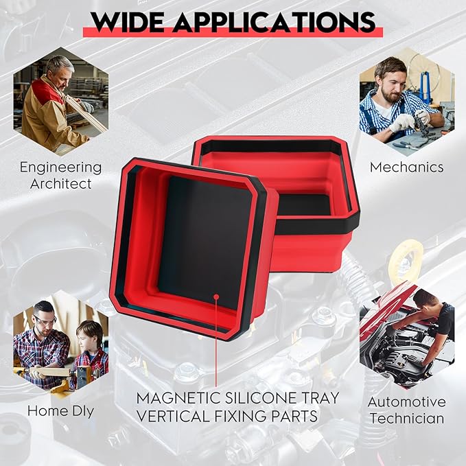 Collapsible Magnetic Trays, 4 Pack Foldable Silicone Magnetic Tool Trays for Small Metal Parts, Bolts, Screws, Nuts, Washers, with Double Sided Magnetic Base, 4.5in Square(Red)