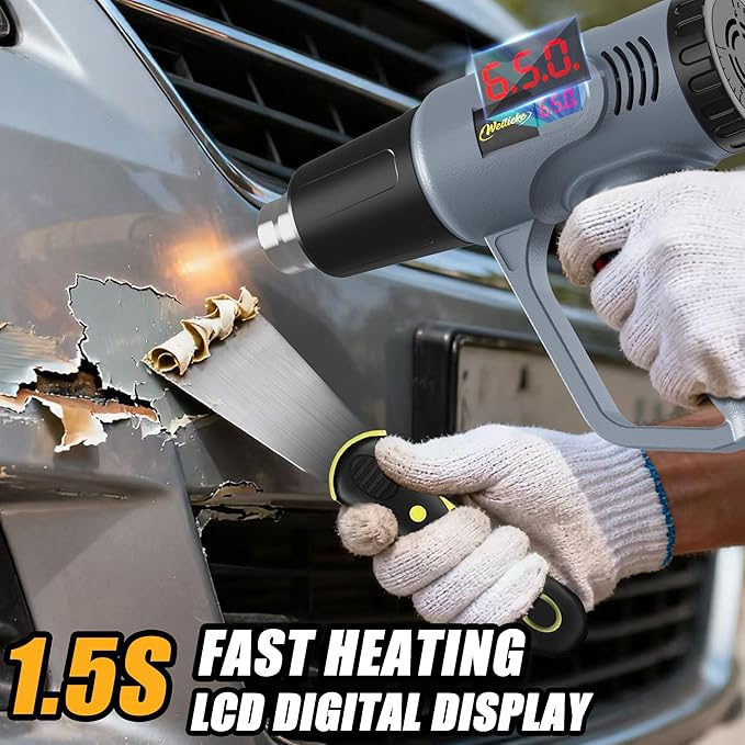 Heat Gun LCD Digital Display 7-Level Temperature Control 122-1202℉ Hot Air Gun with 4 Nozzles Fast Heating Overload Protection for Shrink Tubing, Vinyl Wrap, Crafting,Resin, 5Ft Power Cord