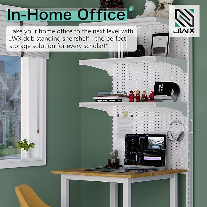 JWX DDB Standing Pegboard Shelf Unit, 30'' White Home Office shlef cabinets with Metal Pegboard and 15 Pieces Organizer Tool Holders