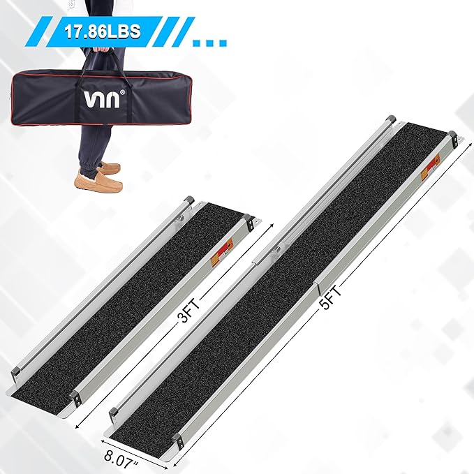 VNN Adjustable Wheelchair Ramp, 3-5 FT Portable Wheelchair Ramp for Home Step, Door Threshold Wheelchair Ramps for Home, Non-Slip Aluminum Scooter Ramp for Car, Doorways, Curbs, Stairs