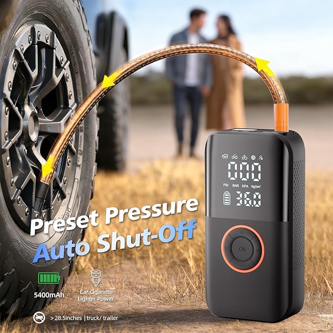 Tire Inflator Portable Air Compressor, 150PSI Cordless Tire Pump, 12V DC & Battery Dual Power, Auto Shut-Off Air Pump for Car, Motorcycle, Bike, Ball - LED Light & Digital Display, Car Gifts for Men