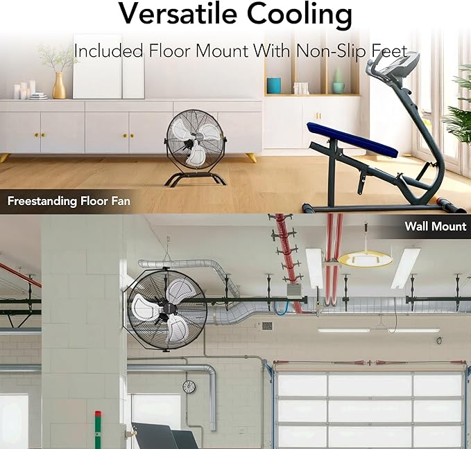 Comfort Zone 20-inch Industrial High Velocity Fan – Heavy Duty All-Metal Floor & Wall Mount Fan, 3-Speed High Power Cooling for Garage, Workshop, or Warehouse – Sealed Motor & Balanced Aluminum Blades