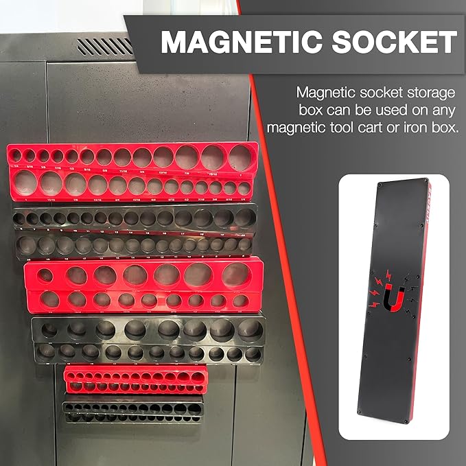 6-Piece Magnetic Socket Organizer Set, 1/2", 1/4" and 3/8" SAE & Metric Deep & Shallow Socket Holder Kit, holds 141 stanard Sockets, attaches to steel box/tool cart (sockets not included)