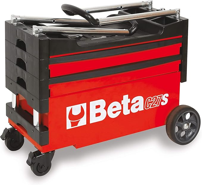 Beta C27S Collapsible Rolling Tool Cart | Heavy-Duty Mobile Metal Tool Trolley with Locking Drawers, 4” Steering Wheels, Brake System | Thermoplastic Worktop | Red