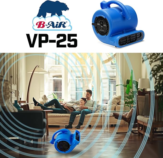 B-Air VP-25 1/4 HP 900 CFM Air Mover for Water Damage Restoration Equipment Carpet Dryer Floor Blower Fan Home and Plumbing Use, Blue