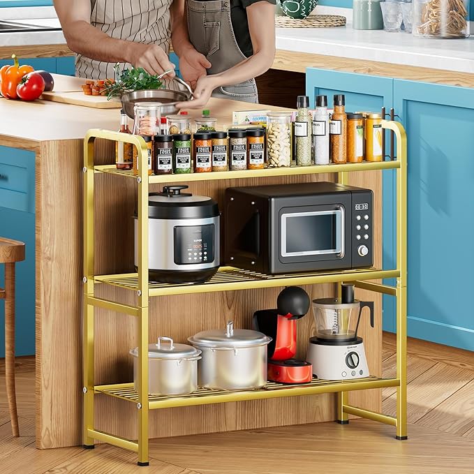 3 Tier 30" Wide Metal Wire Shelf, Stackable & Adjustable Gold Utility Shelves for Pantry, Garage, Closet Storage