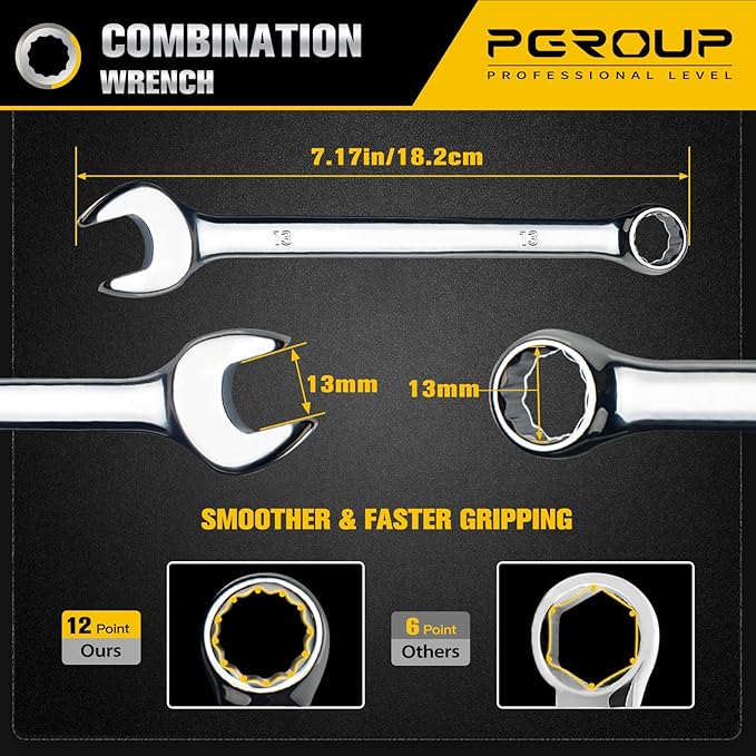 13mm Metric Combination Wrench, CR-V Steel with Mirror Polish, 12-Point Design, 15-Degree Offset, Perfect for Auto Repair, Household, Car & Truck Emergency