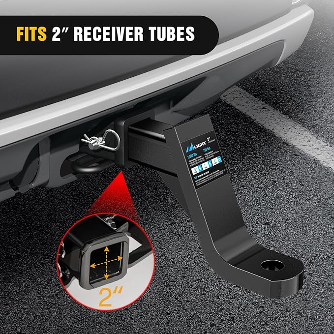 Nilight Trailer Hitch Ball Mount with 5/8" Hitch Pin Clip Fits 2 Inch Receiver Square 7500 lbs 8" Drop 7” Rise 1” Hole Gloss Black Powder Coat