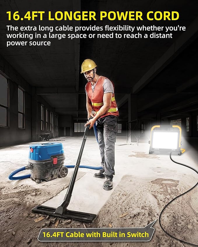 24000LM LED Work Light, 200W Ultra Brighter Flood Light with 16FT Cord Switch, Portable Worklight with Stand, 5000K IP66 Waterproof Outdoor Construction Lighting for Job Site Camping Workshop Garage