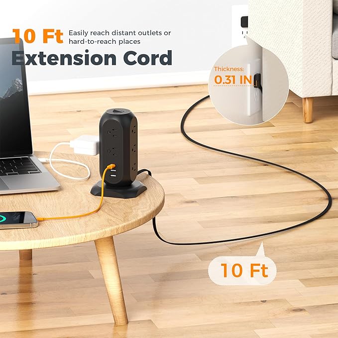 TESSAN Tower Power Strip Flat Plug with 11 Outlets 3 USB (1 USB C), Surge Protector Tower 1625W/13A,1050J Protection, 10 Feet Extension Cord with Multiple Outlets, Dorm, Office Desk Supplies, Black
