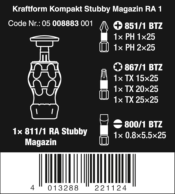 Wera 05008883001 Kraftform Kompakt Stubby magazine RA 1, Stubby Ratchet Screwdriver with Bit Magazine, 6 pieces