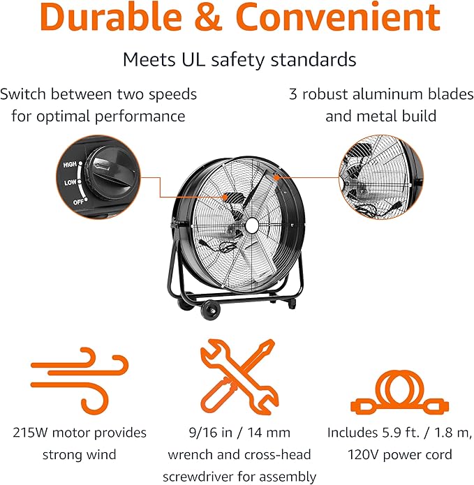 Amazon Basics 24" 215W High-Velocity, Heavy-Duty Industrial Fan, Drum Fan, with UL-Certified Safety Compliance, 2 Speeds, Up to 8820 CFM, 5.9-ft Power Cord, 2 Wheels, Metal Housing/Blades, Black
