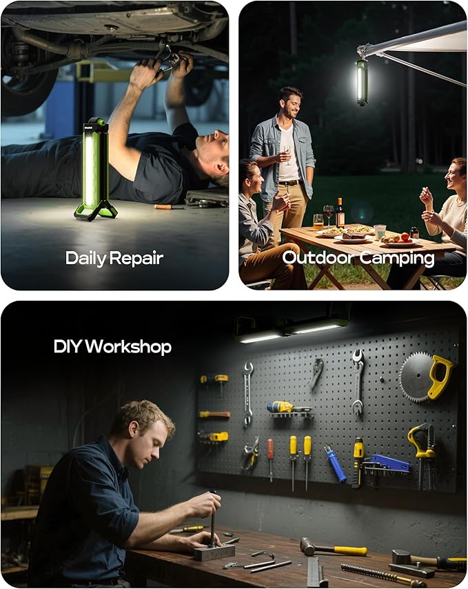Work Light - 5200mAH Foldable Magnetic Under Hood Working Light with Hooks, Portable Magnetic Rechargeable Cordless 3300LM Job Site Lighting for Mechanic/Car Repairing/Garage