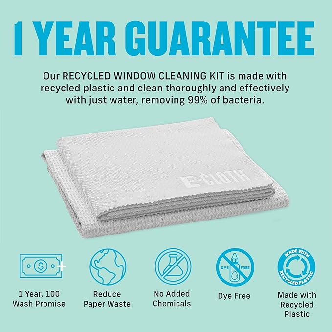 E-Cloth Microfiber Window Cleaning Cloth Kit - Glass Cleaning Cloth for Windows, Mirrors, Cars, Lenses, Eyeglasses, & More, Streak Free Clean, Machine Washable Reusable Towel - Recycled (2 Kits)
