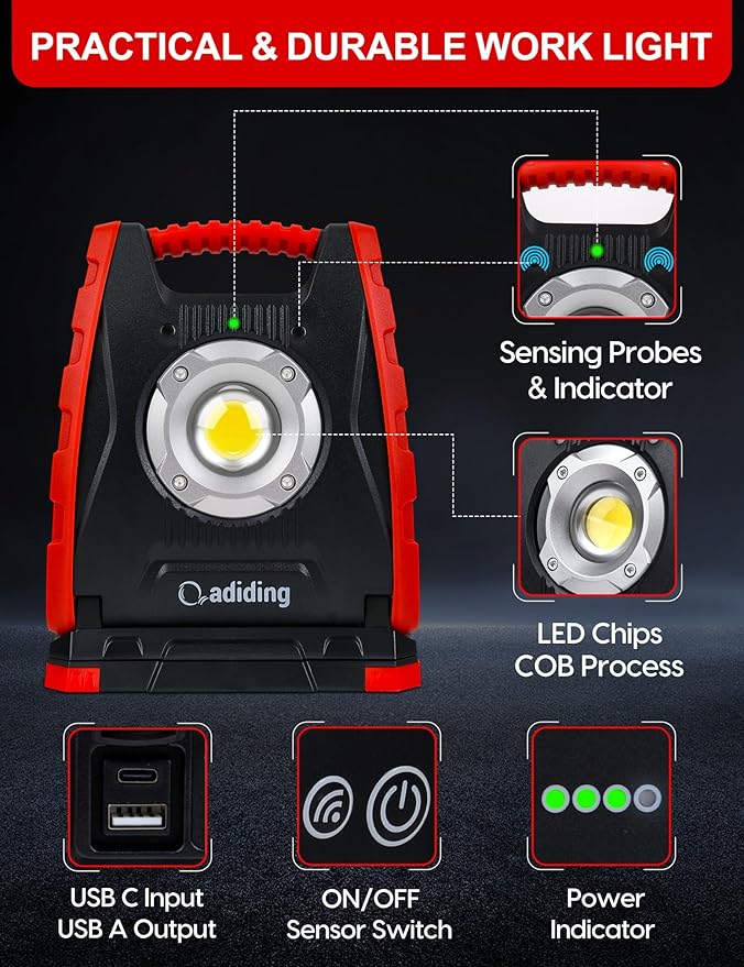 Adiding 4400mAh Rechargeable LED Work Light, Portable Flood Light Underhood Work Light with Sensor & 360° Rotation Magnetic Base, Battery Powered Mechanic Light for Repairing/Inspection/Garage/Camping
