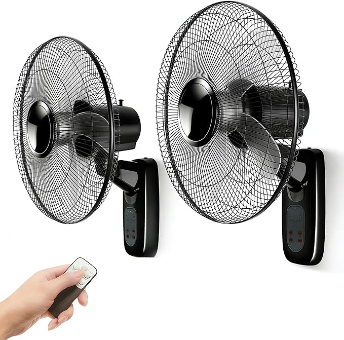Aotop 16 inch Wall Mount Fan with Remote Control - 2 Pack, 3-Speed and 3 Modes, Timer Function, Adjustable Head, Oscillating Fan for Home and Office - Black