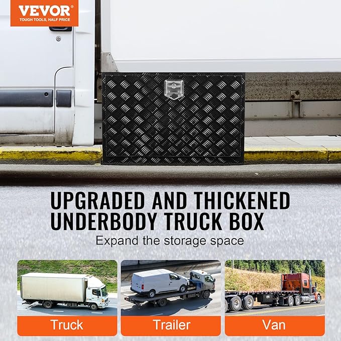 VEVOR Underbody Truck Box, 48" x 24" x 24" Pickup Storage Box, Heavy Duty Aluminum Diamond Plate Tool Box with Lock and Keys, Waterproof Trailer Storage Box with T-Handle Latch for Truck, Van, Trailer