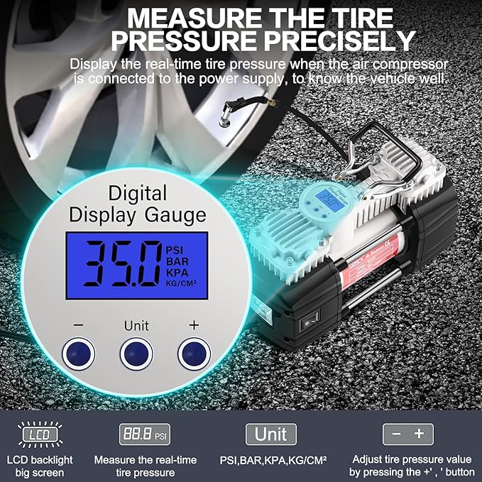 GSPSCN 6X Faster Inflation Portable 12V Air Compressor Pump Digital Display Tire Inflator with LED Flashlight, Heavy Duty Dual Cylinder Tire Pump 150 PSI for Auto,SUV,Off-Road,Truck,RV,Bike etc