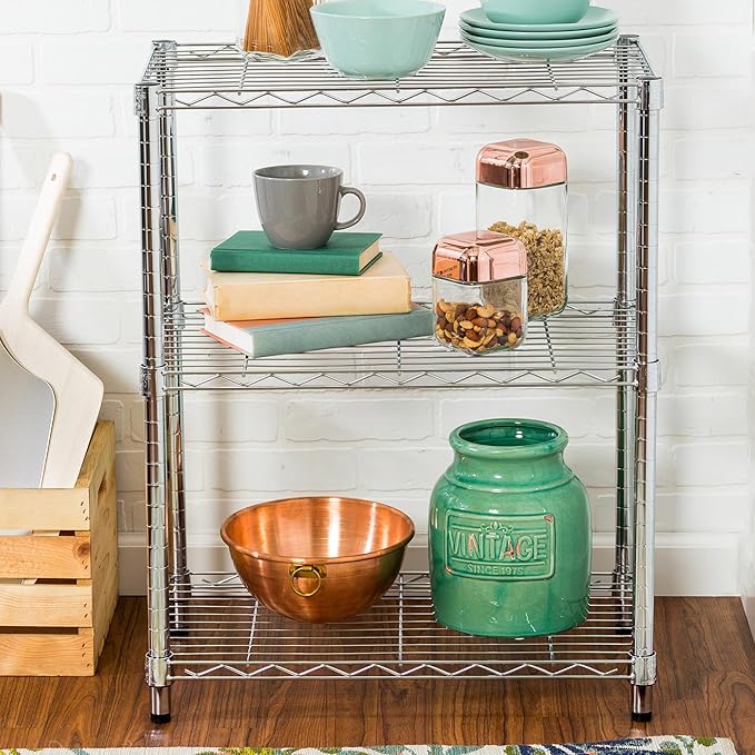 Honey-Can-Do 3-Tier Heavy-Duty Adjustable Shelves, Metal Storage Rack with 250-lb Shelf Capacity, Chrome, 14" W x 24" L x 30" H