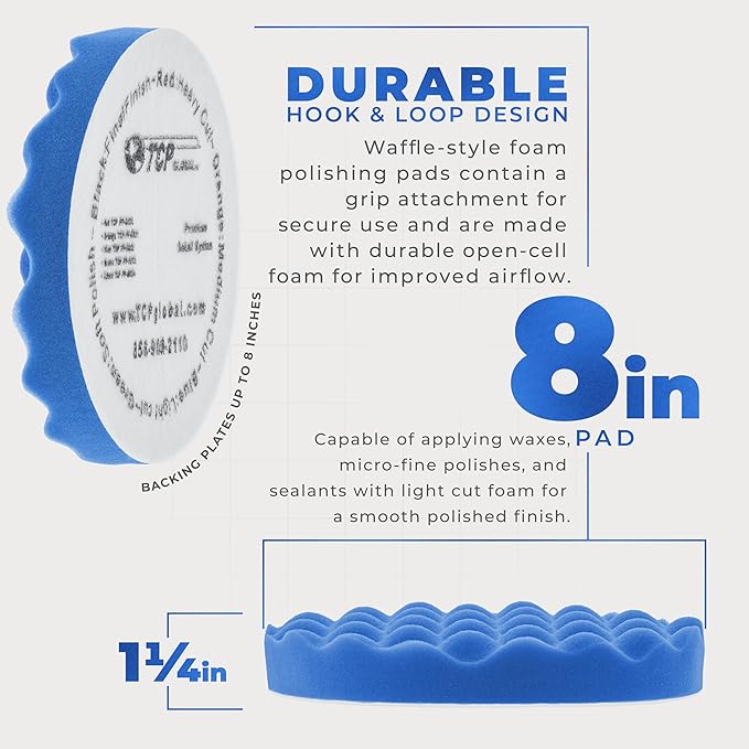 TCP Global 8" Blue Waffle Foam Buffing Pad Hook and Loop Backing - Light Cut Pad for Polishing, Automotive, Marine, Truck, RV & Compound Cutting, Car Polishing Pads
