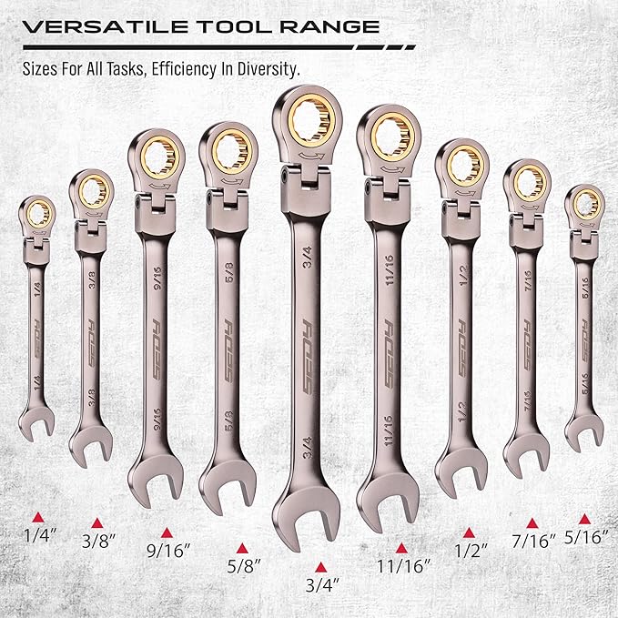 9-Piece SAE Flex-Head Ratcheting Combination Wrench Set - Premium 72-Teeth Gear Chrome Vanadium Nickel Plated with Organizer Bag