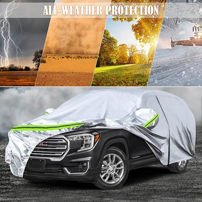 Waterproof Car Covers Replace for 2010-2025 GMC Terrain, 6 Layers Silver All Weather Custom-fit Car Cover with Zipper Door & Windproof Bands for Snow Rain Dust Hail Protection